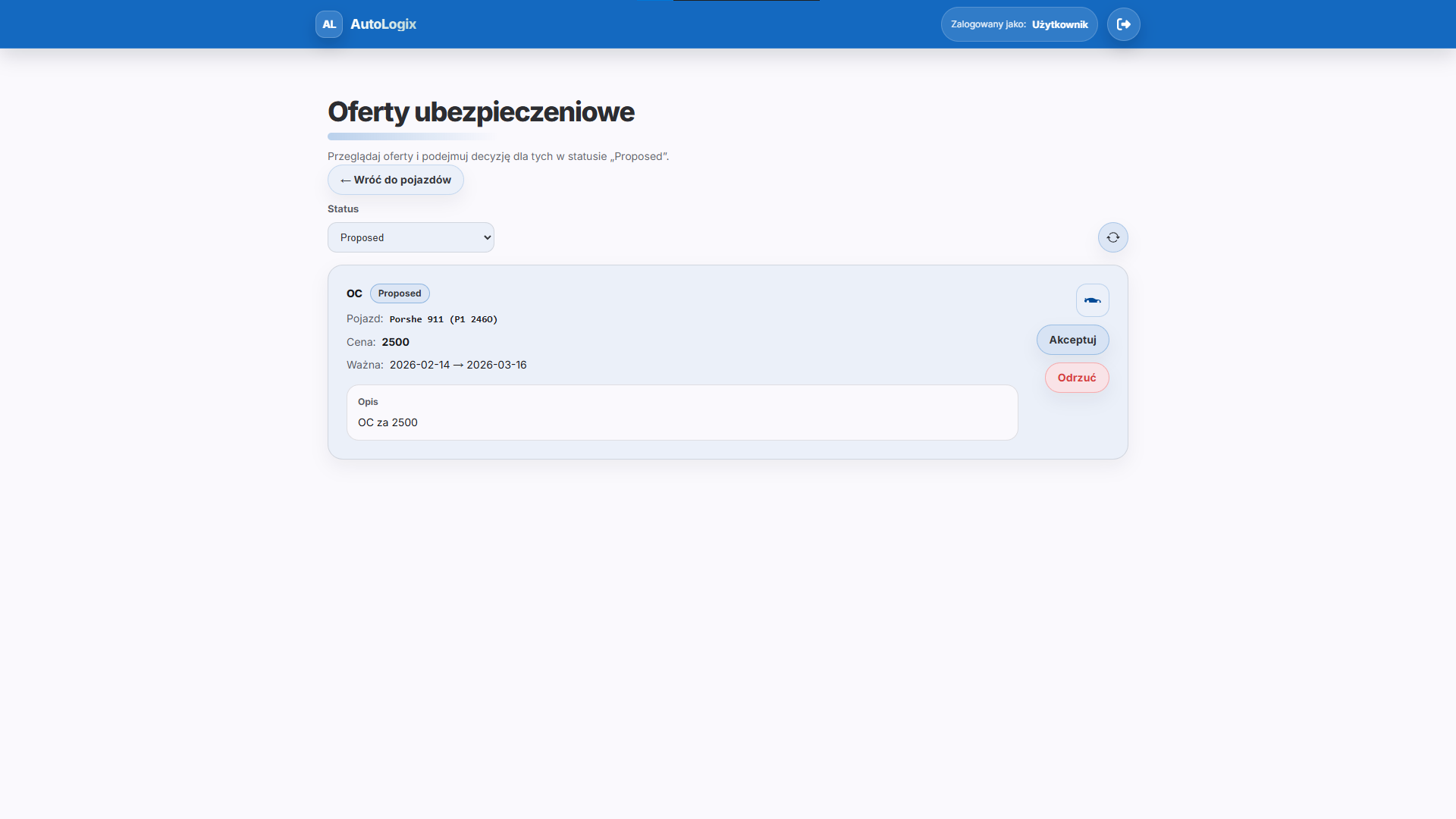 Lista ofert ubezpieczeniowych dostępnych dla użytkownika