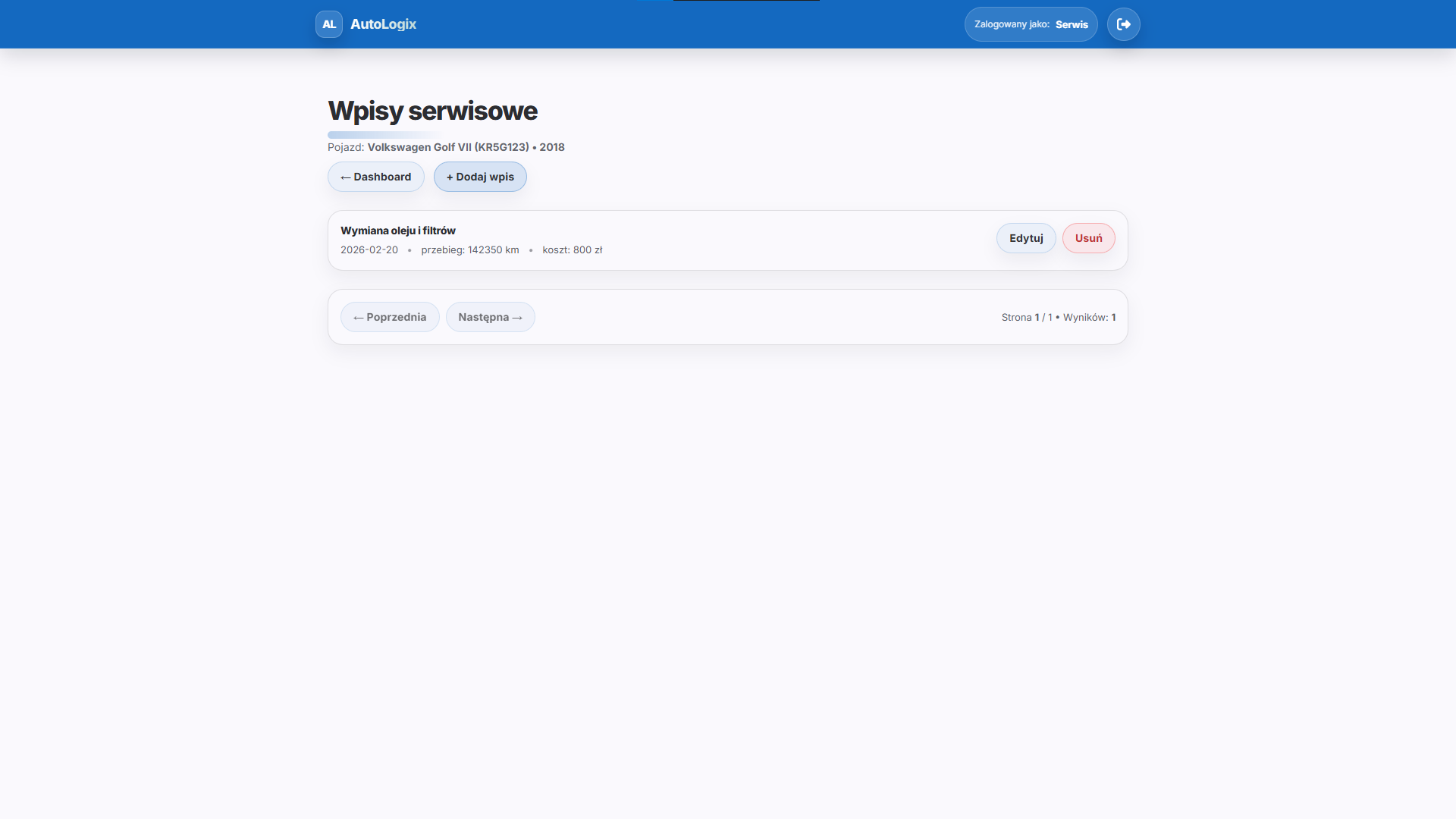 Lista wpisow serwisowych danego pojazdu (widok serwisanta)