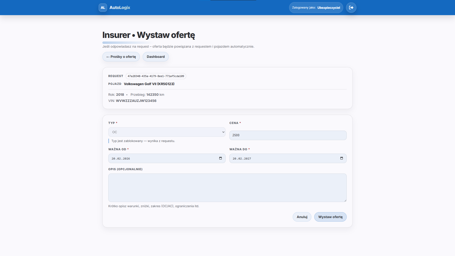 Formularz wystawiania oferty ubezpieczenia