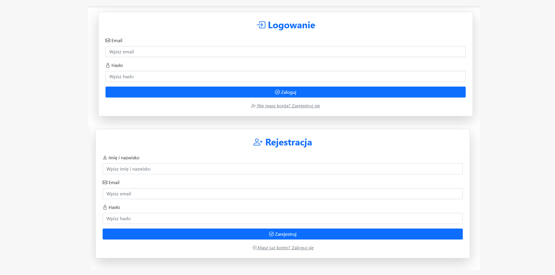 Formularz rejestracji i logowania