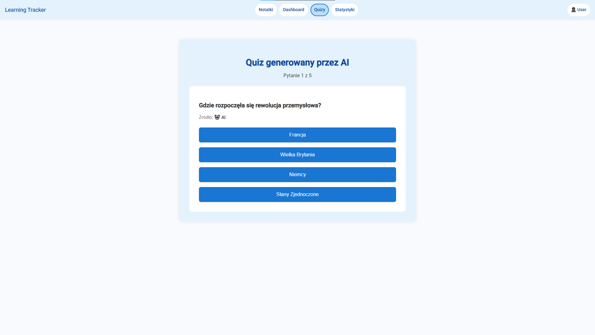 Quzi z wykorzystaniem AI na podstawie wybranej notatki uzytkownika