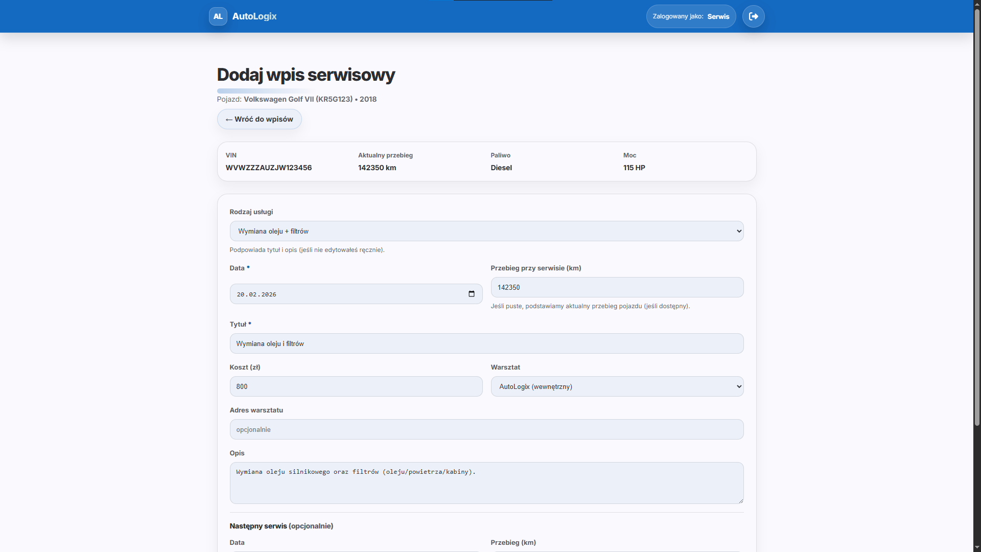 Add service entry form (basic details)