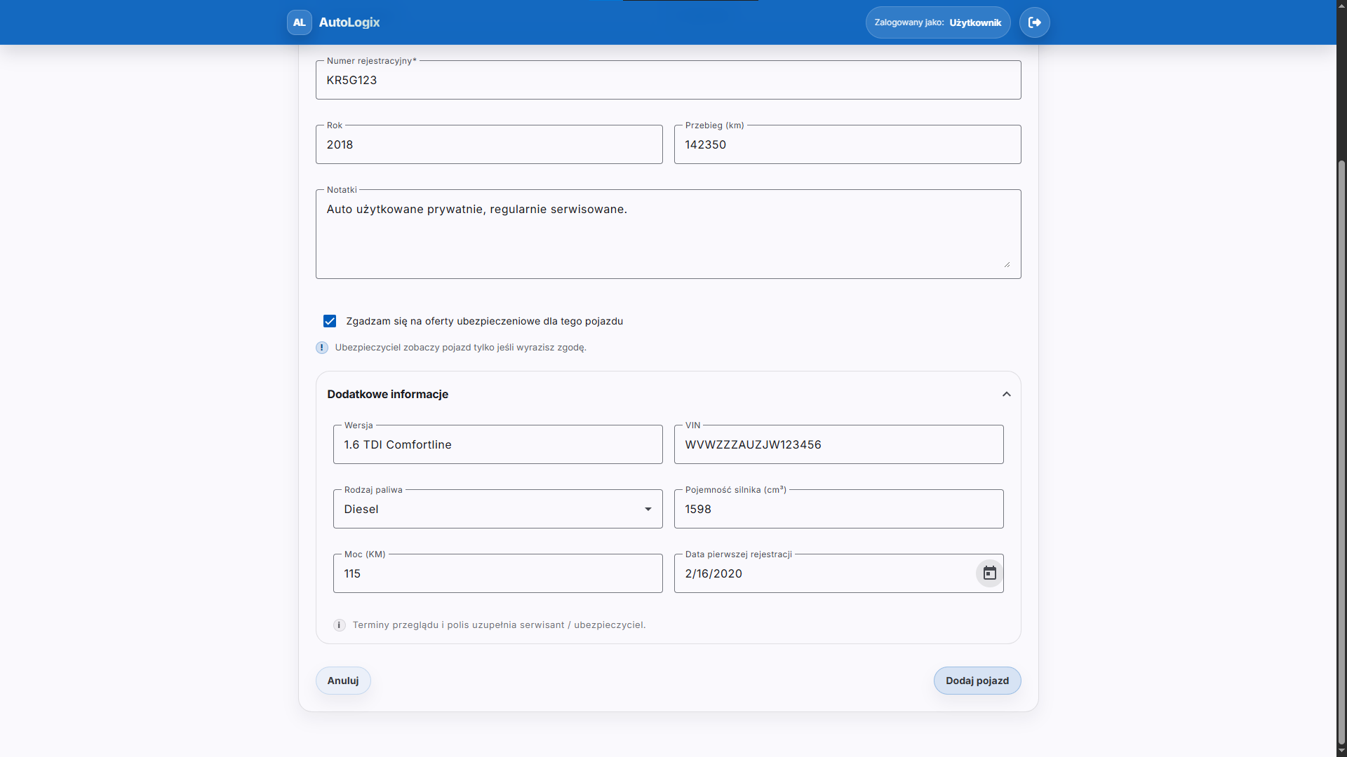 Add vehicle form (additional details)