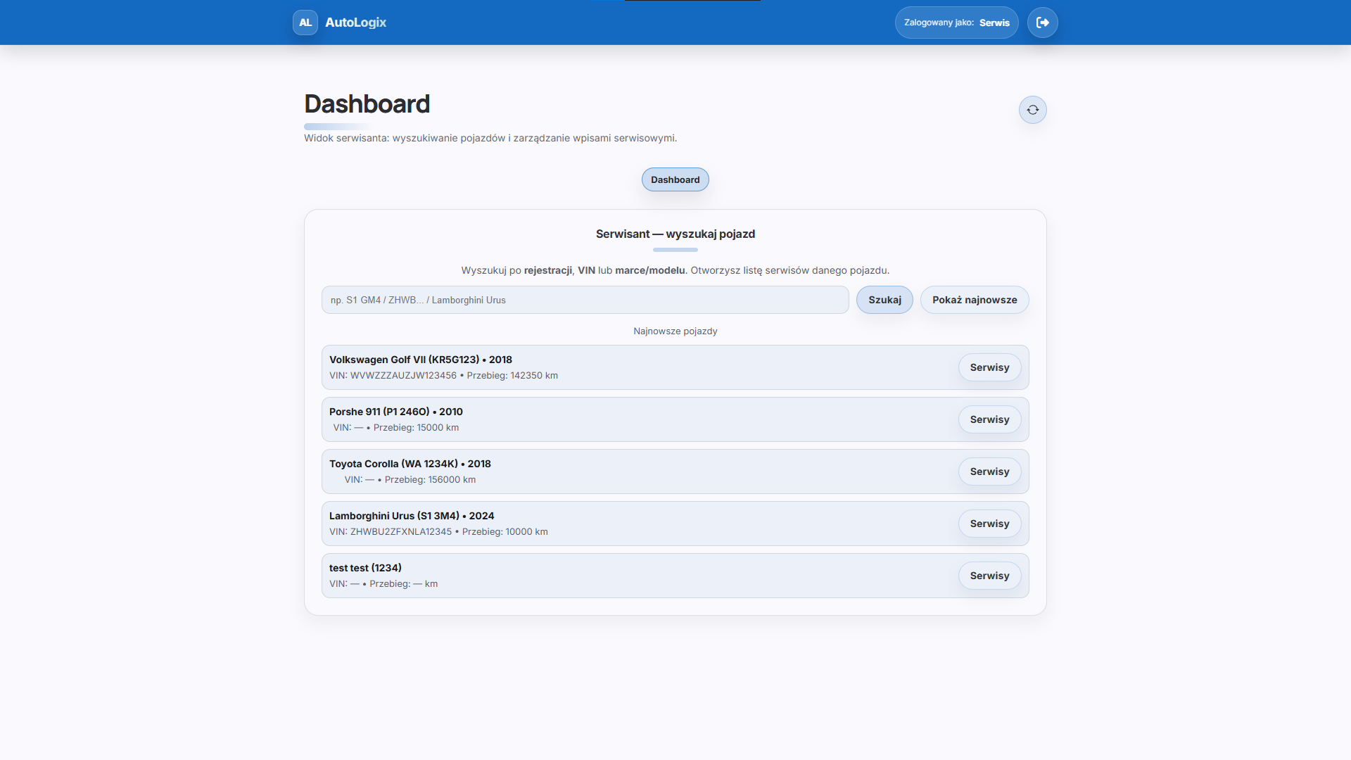 Service dashboard (vehicle search)
