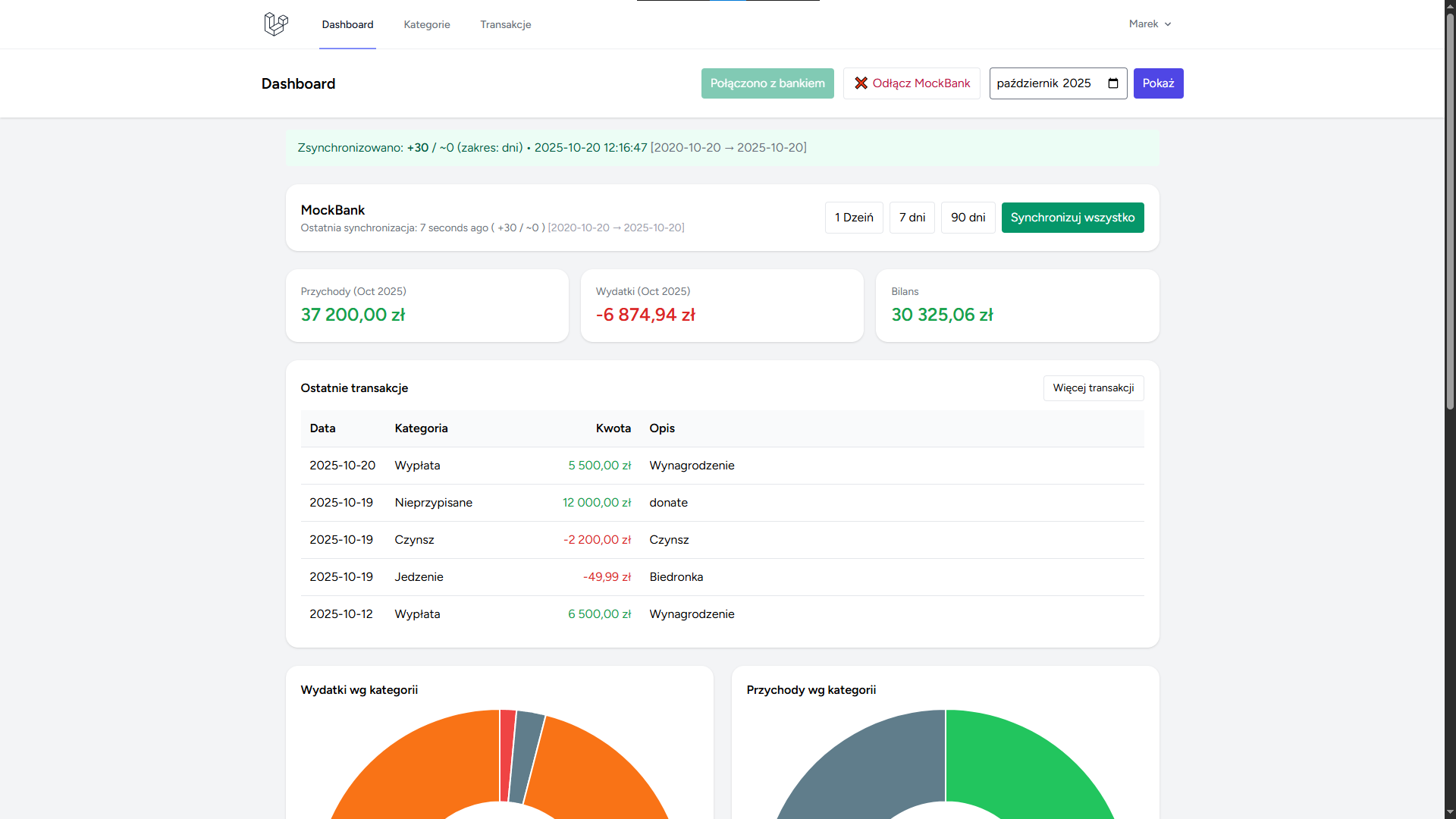 Dashboard after bank sync 1/3