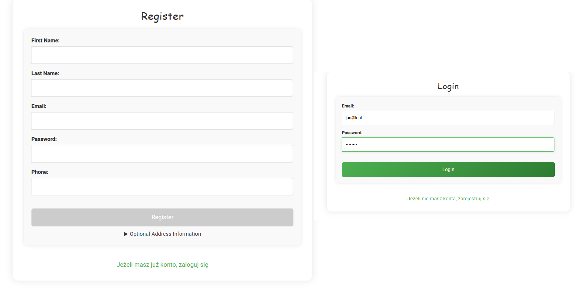 Login and registration forms