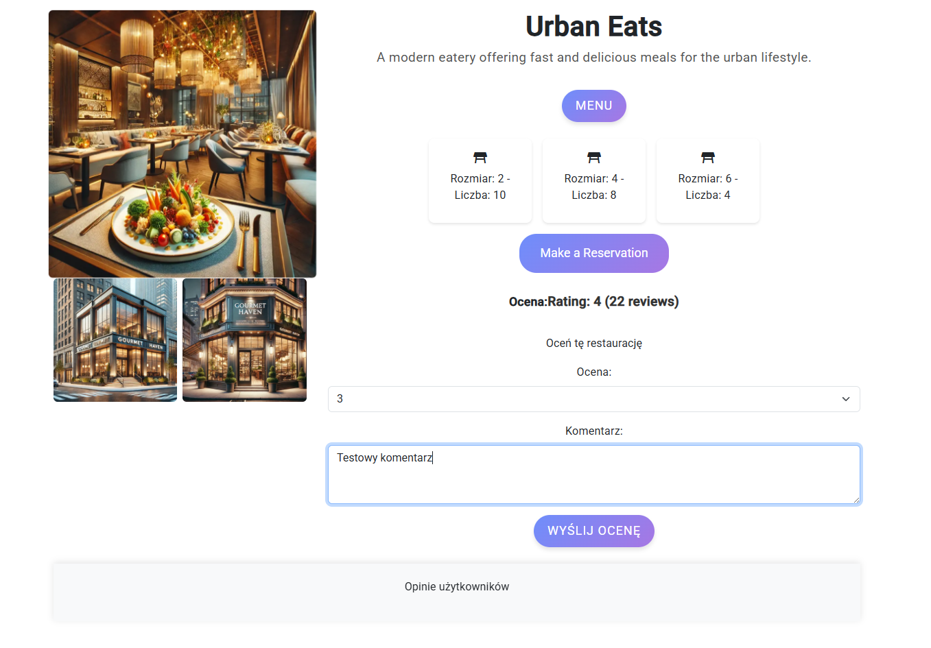 Restaurant details view after logging in